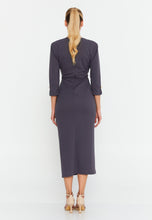 Load image into Gallery viewer, V-Neck Midi Dress with Ruched Waist, Decorative Buttons, and Front Slit