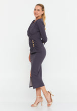 Load image into Gallery viewer, V-Neck Midi Dress with Ruched Waist, Decorative Buttons, and Front Slit