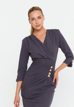 Load image into Gallery viewer, V-Neck Midi Dress with Ruched Waist, Decorative Buttons, and Front Slit