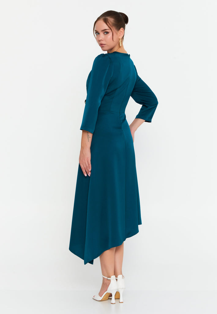 V-Neck Midi Dress with Waist Detail and Asymmetrical Hem