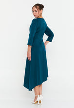 Load image into Gallery viewer, V-Neck Midi Dress with Waist Detail and Asymmetrical Hem