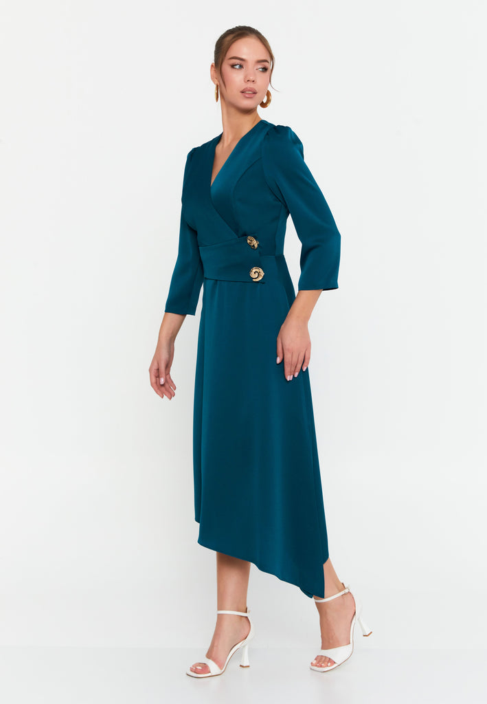 V-Neck Midi Dress with Waist Detail and Asymmetrical Hem