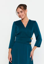 Load image into Gallery viewer, V-Neck Midi Dress with Waist Detail and Asymmetrical Hem