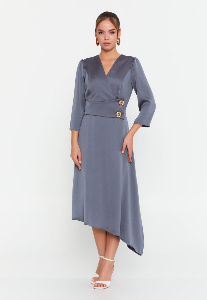 V-Neck Midi Dress with Waist Detail and Asymmetrical Hem