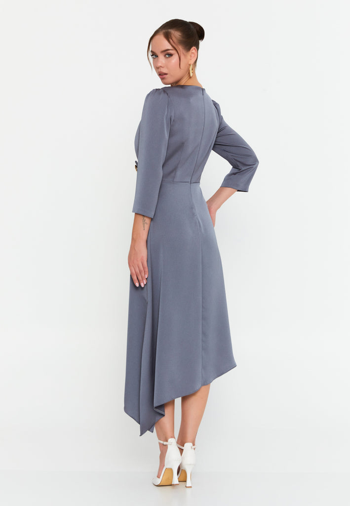 V-Neck Midi Dress with Waist Detail and Asymmetrical Hem