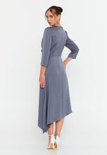 Load image into Gallery viewer, V-Neck Midi Dress with Waist Detail and Asymmetrical Hem