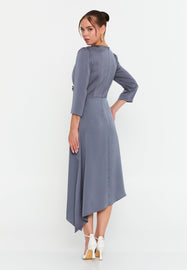 V-Neck Midi Dress with Waist Detail and Asymmetrical Hem