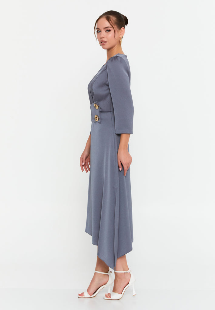 V-Neck Midi Dress with Waist Detail and Asymmetrical Hem