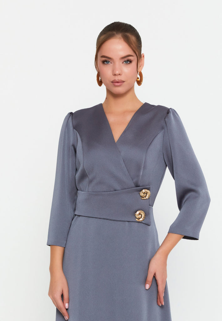 V-Neck Midi Dress with Waist Detail and Asymmetrical Hem