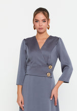 Load image into Gallery viewer, V-Neck Midi Dress with Waist Detail and Asymmetrical Hem