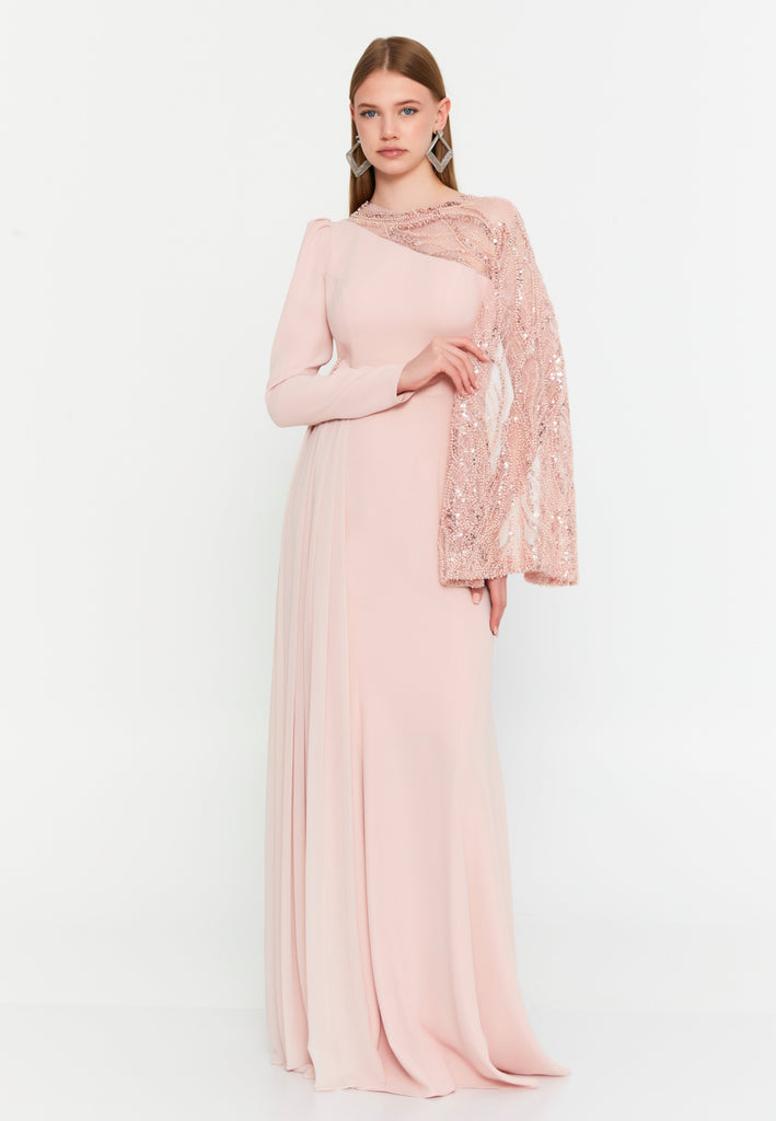 Luxury One-Shoulder Lace Cape Evening Dress Slim Fit Floor-Length Gown for Banquets & Formal Occasions