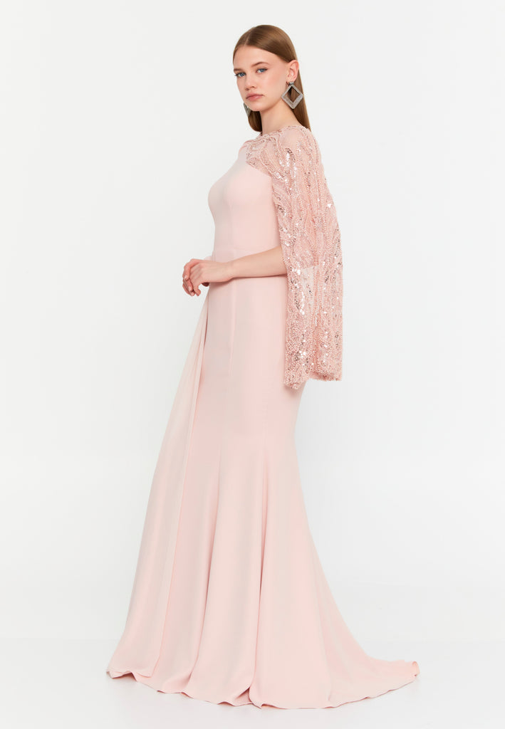 Luxury One-Shoulder Lace Cape Evening Dress Slim Fit Floor-Length Gown for Banquets & Formal Occasions