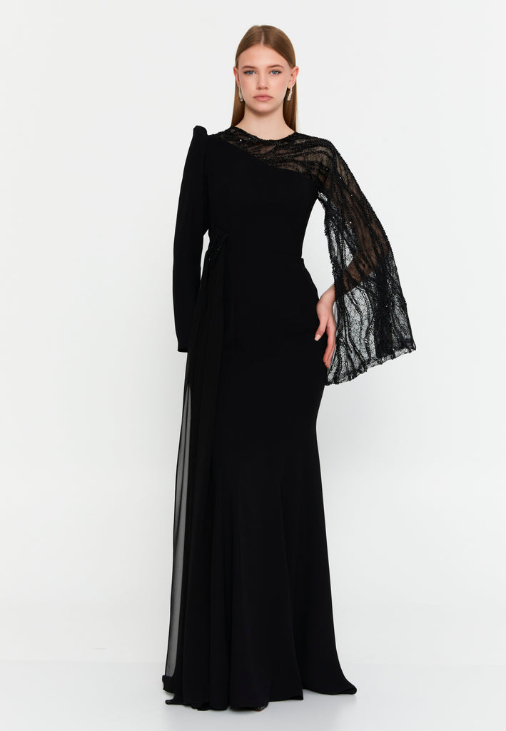 Luxury One-Shoulder Lace Cape Evening Dress Slim Fit Floor-Length Gown for Banquets & Formal Occasions