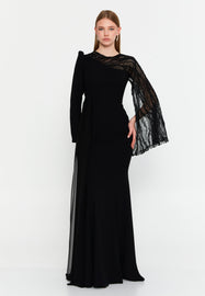 Luxury One-Shoulder Lace Cape Evening Dress Slim Fit Floor-Length Gown for Banquets & Formal Occasions