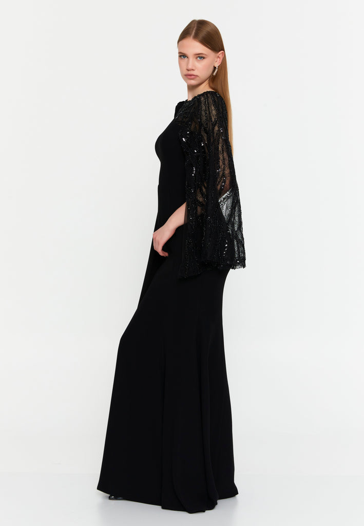 Luxury One-Shoulder Lace Cape Evening Dress Slim Fit Floor-Length Gown for Banquets & Formal Occasions