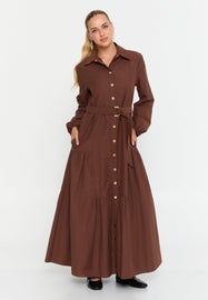 Collared Shirt-Style Maxi Dress with Belted Waist and Full Button-Down Design