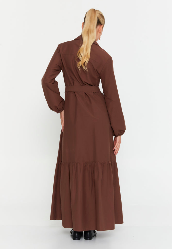 Collared Shirt-Style Maxi Dress with Belted Waist and Full Button-Down Design