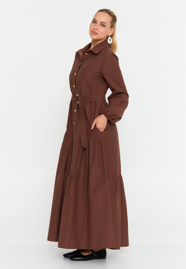 Collared Shirt-Style Maxi Dress with Belted Waist and Full Button-Down Design