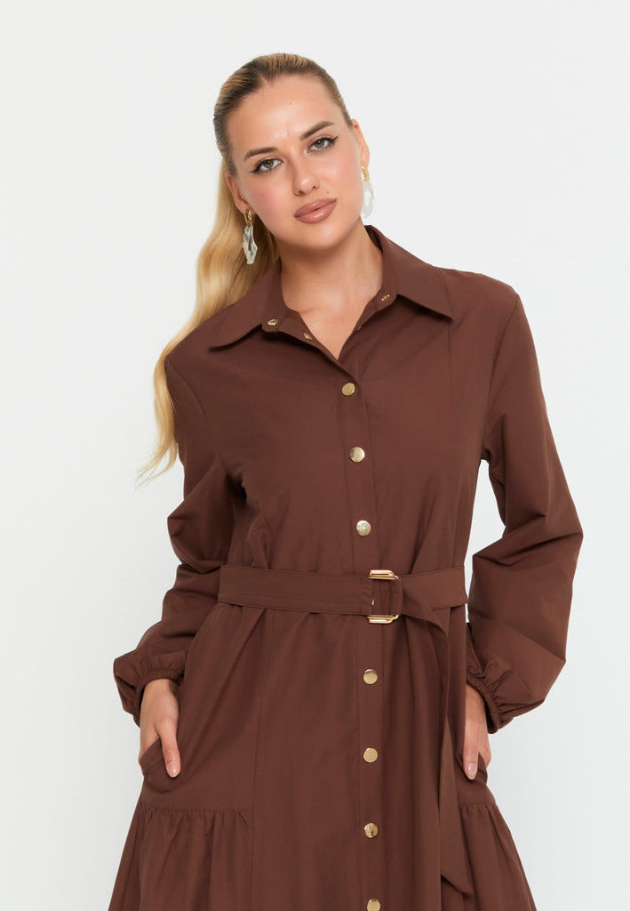 Collared Shirt-Style Maxi Dress with Belted Waist and Full Button-Down Design