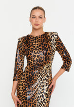 Load image into Gallery viewer, Elegant Midi Dress with Ruched Waist, Decorative Buttons, and Front Slit