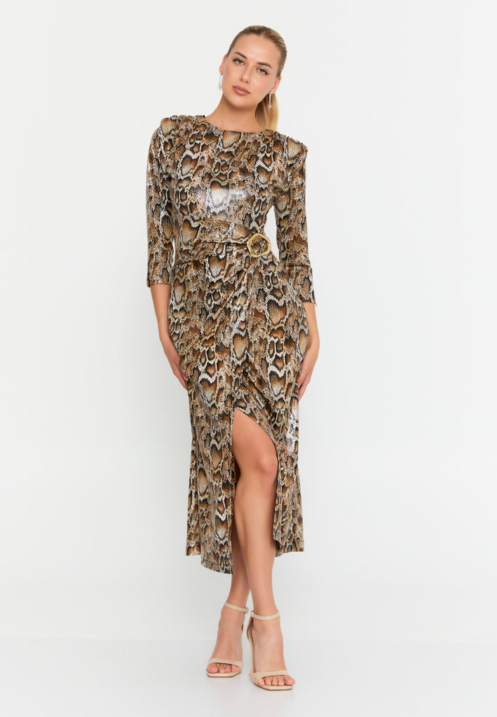 Elegant Midi Dress with Ruched Waist, Decorative Buttons, and Front Slit