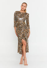 Load image into Gallery viewer, Elegant Midi Dress with Ruched Waist, Decorative Buttons, and Front Slit