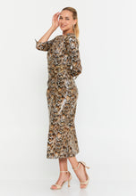 Load image into Gallery viewer, Elegant Midi Dress with Ruched Waist, Decorative Buttons, and Front Slit