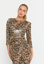 Load image into Gallery viewer, Elegant Midi Dress with Ruched Waist, Decorative Buttons, and Front Slit