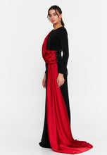 Load image into Gallery viewer, Maxi Evening Gown with Draped Shoulder Panel and Slim-Fit Waist
