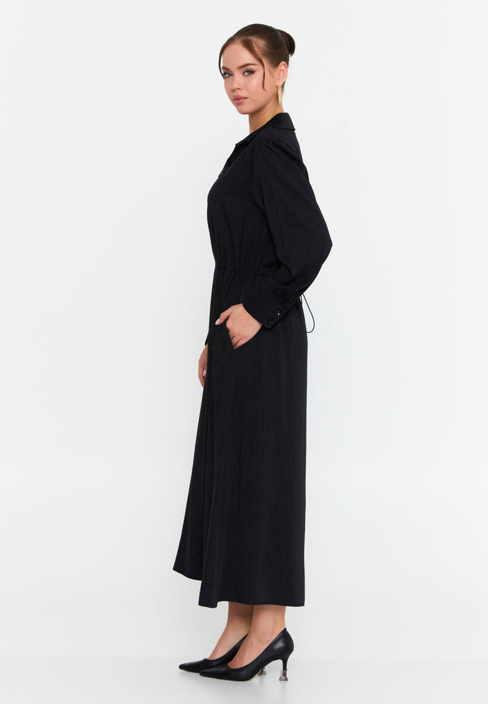 Collared Long-Sleeve Midi Dress with Front Zipper and Waist-Cinching Design