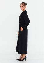 Load image into Gallery viewer, Collared Long-Sleeve Midi Dress with Front Zipper and Waist-Cinching Design