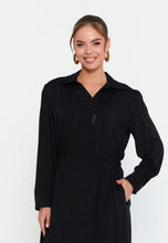 Load image into Gallery viewer, Collared Long-Sleeve Midi Dress with Front Zipper and Waist-Cinching Design