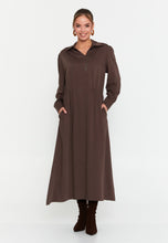 Load image into Gallery viewer, Collared Long-Sleeve Midi Dress with Front Zipper and Waist-Cinching Design