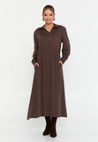 Collared Long-Sleeve Midi Dress with Front Zipper and Waist-Cinching Design