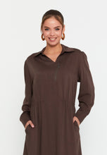 Load image into Gallery viewer, Collared Long-Sleeve Midi Dress with Front Zipper and Waist-Cinching Design