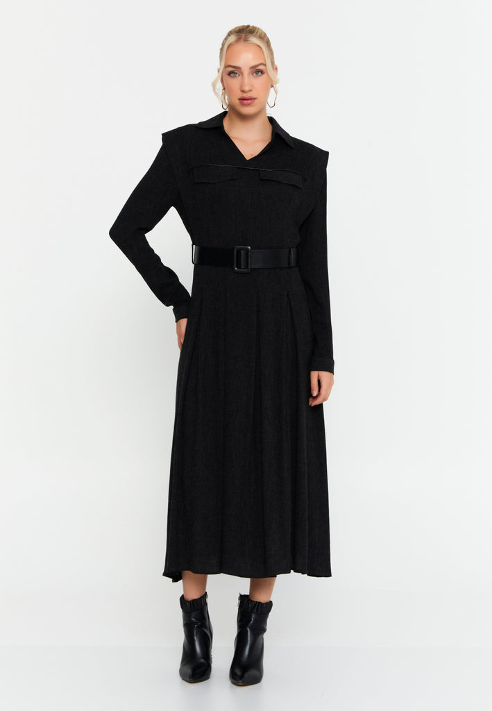 Collared Long-Sleeve Midi Dress with Waist Belt and Elegant Silhouette