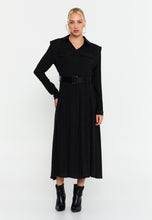 Load image into Gallery viewer, Collared Long-Sleeve Midi Dress with Waist Belt and Elegant Silhouette