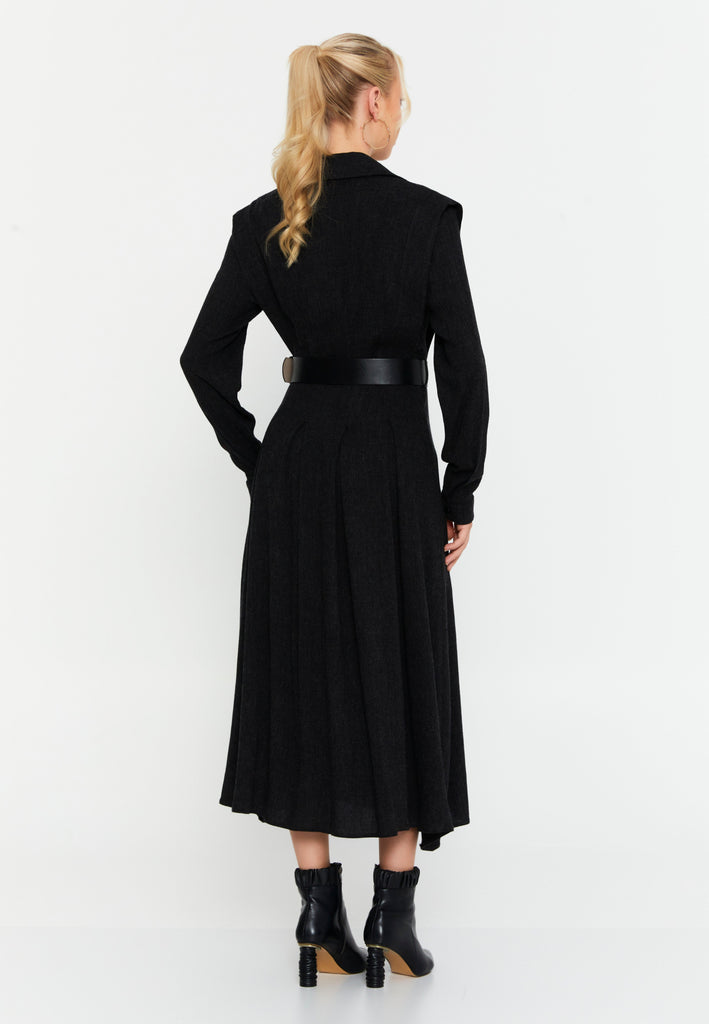 Collared Long-Sleeve Midi Dress with Waist Belt and Elegant Silhouette