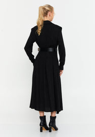 Collared Long-Sleeve Midi Dress with Waist Belt and Elegant Silhouette