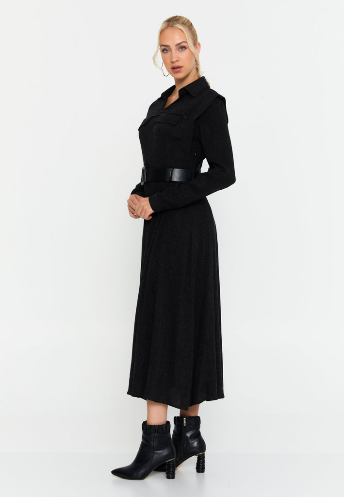 Collared Long-Sleeve Midi Dress with Waist Belt and Elegant Silhouette