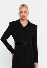 Load image into Gallery viewer, Collared Long-Sleeve Midi Dress with Waist Belt and Elegant Silhouette