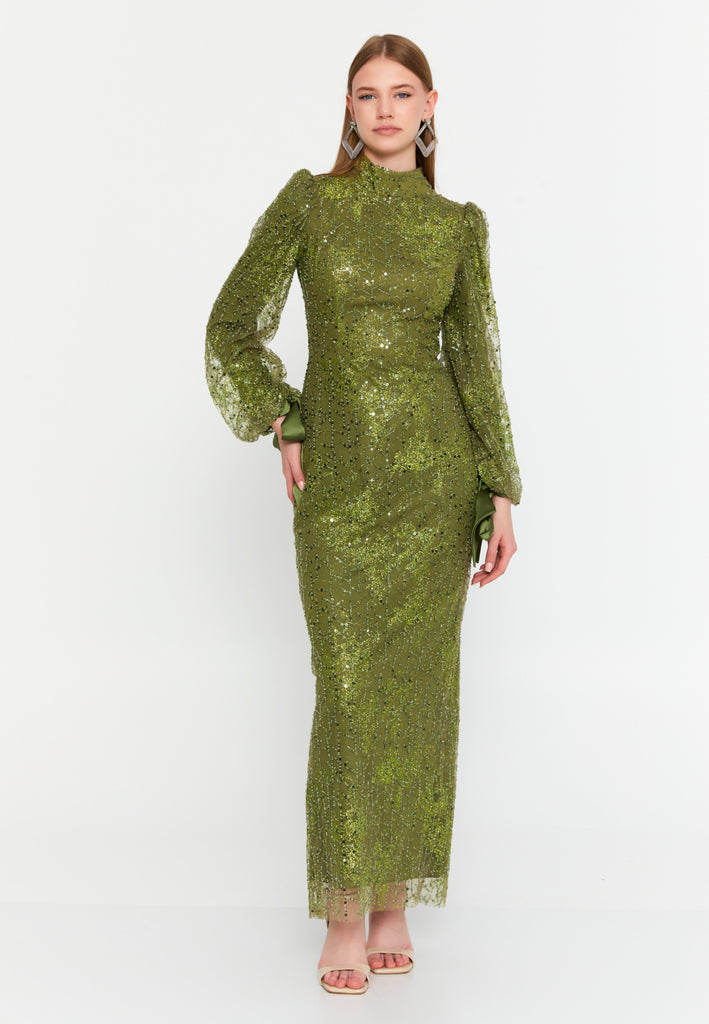 High-Neck Long-Sleeve Sequin Lace Evening Gown Slim-Fit Elegant Dress