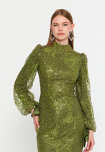 Load image into Gallery viewer, High-Neck Long-Sleeve Sequin Lace Evening Gown Slim-Fit Elegant Dress