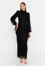 Load image into Gallery viewer, High-Neck Long-Sleeve Sequin Lace Evening Gown Slim-Fit Elegant Dress