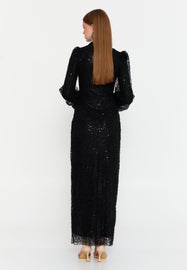 High-Neck Long-Sleeve Sequin Lace Evening Gown Slim-Fit Elegant Dress