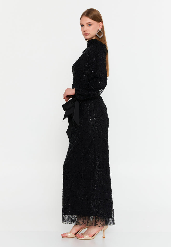 High-Neck Long-Sleeve Sequin Lace Evening Gown Slim-Fit Elegant Dress