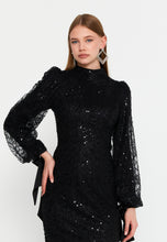 Load image into Gallery viewer, High-Neck Long-Sleeve Sequin Lace Evening Gown Slim-Fit Elegant Dress