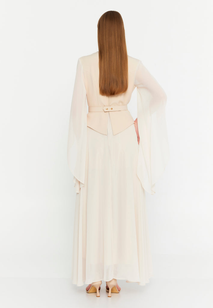 Elegant Blazer-Collar Maxi Dress with Waist-Cinching Design and Flowing Skirt
