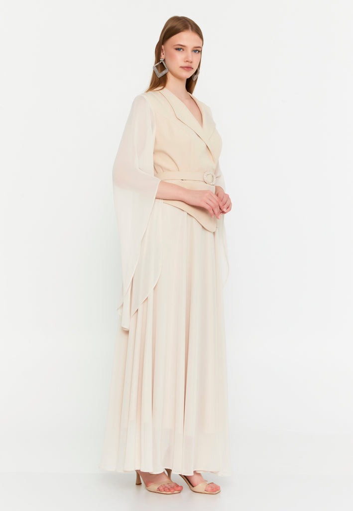 Elegant Blazer-Collar Maxi Dress with Waist-Cinching Design and Flowing Skirt