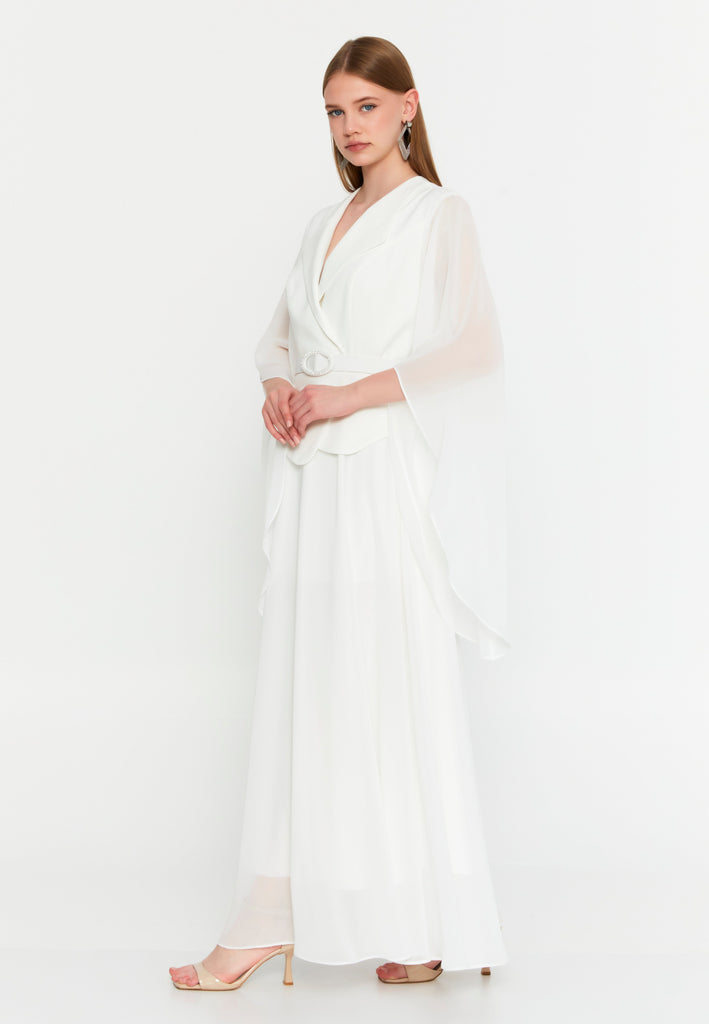Elegant Blazer-Collar Maxi Dress with Waist-Cinching Design and Flowing Skirt